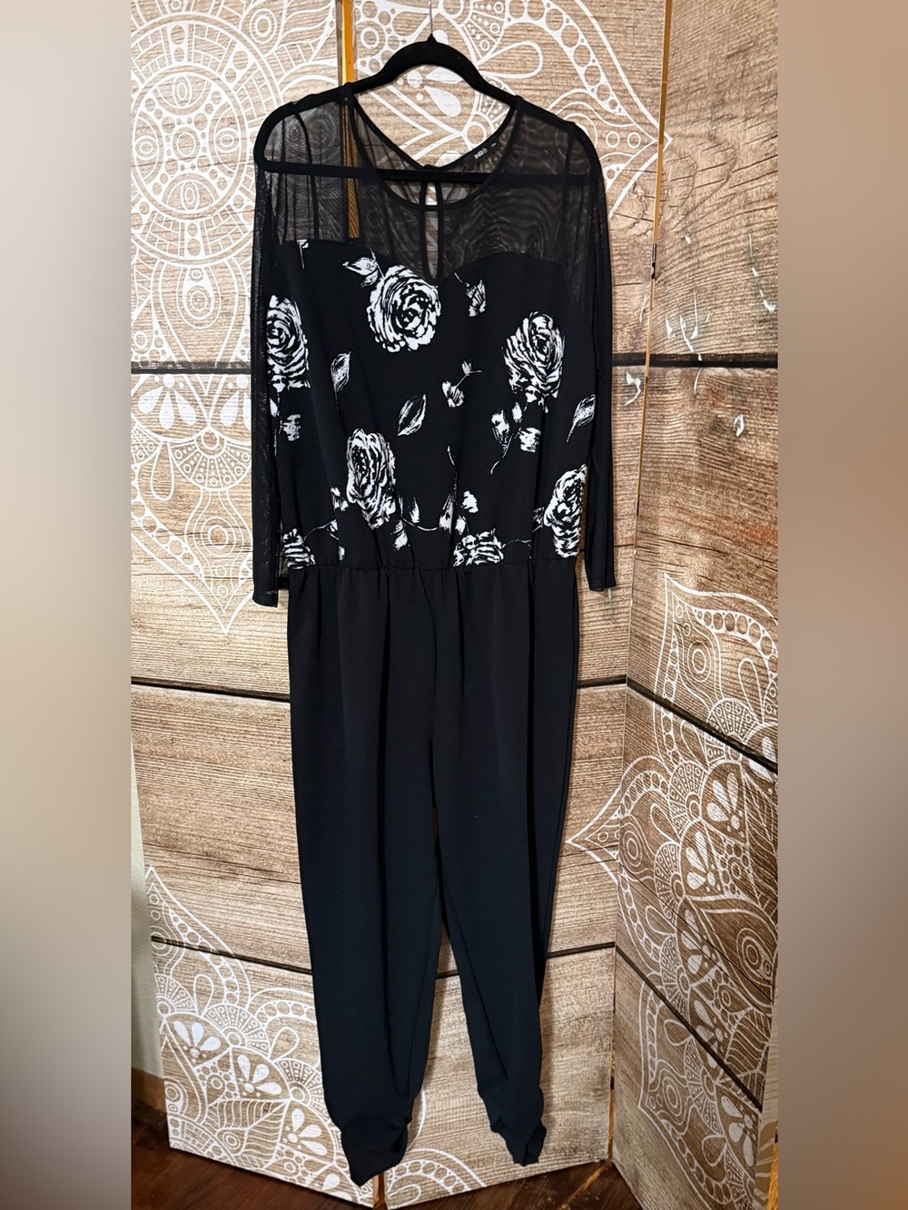 Ing Black Jumpsuit with White Rose Print and Mesh Sleeves